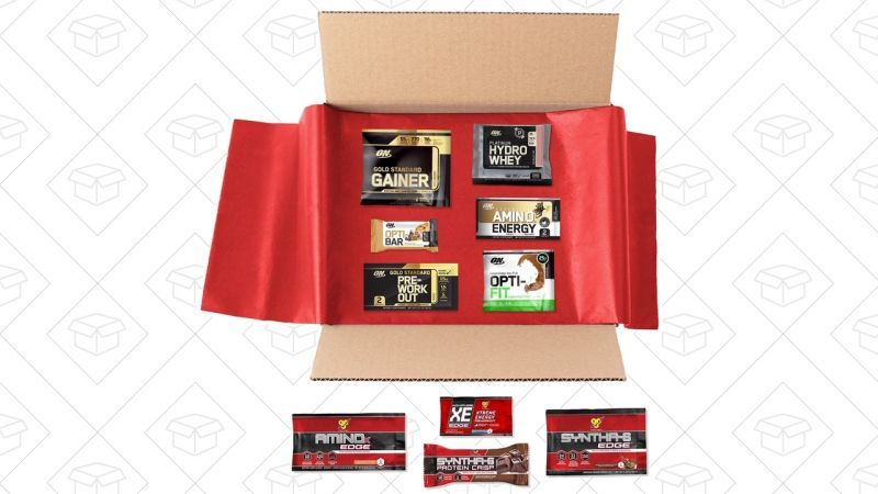 Caja con muestras de proteĂnas Optimum Nutrition y BSN, $8 + $8 de crĂ©dito